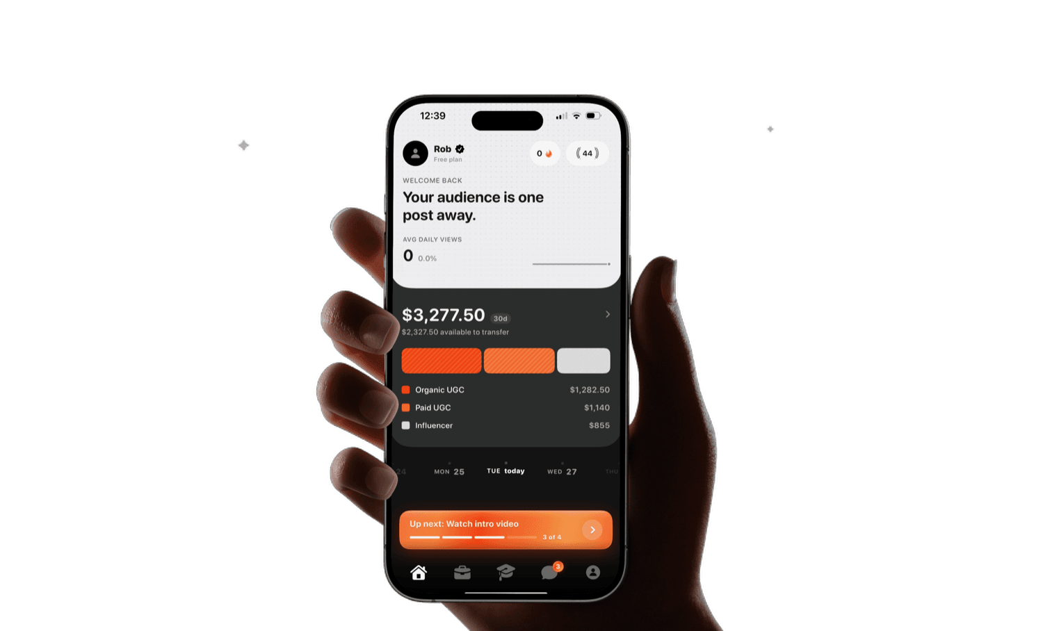 A hand holding the Artec app, showing Artec Studio tools and brand opportunities